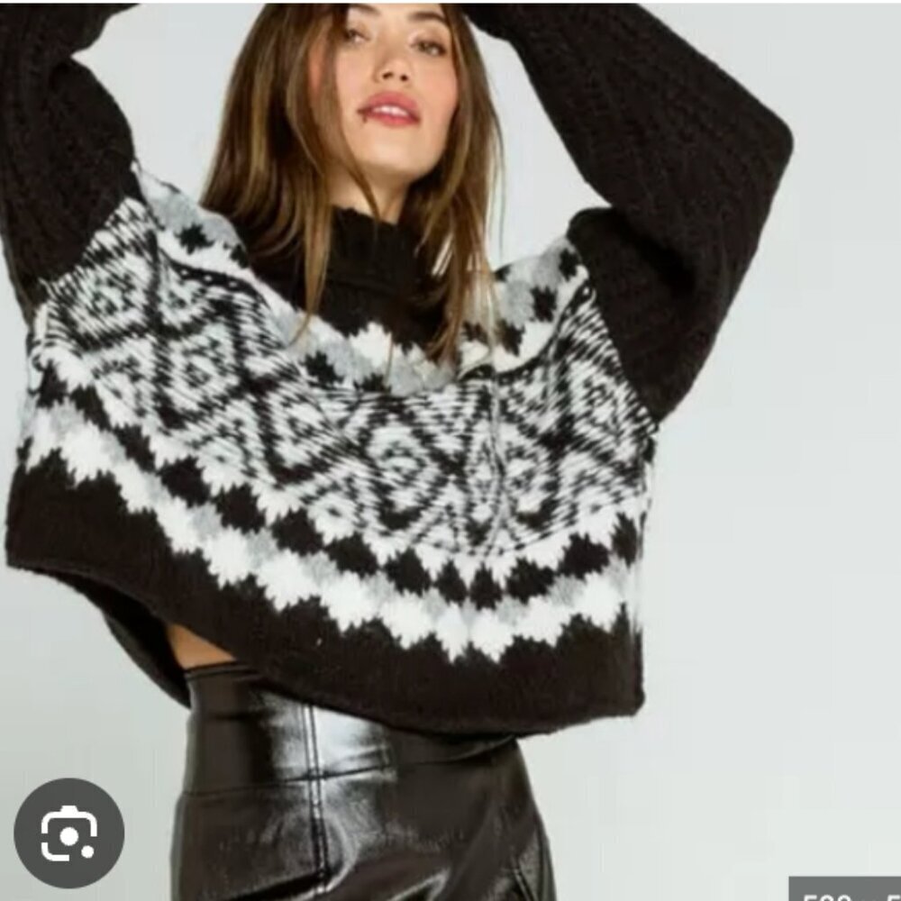 FP Alpine Wool Blend Knit Chunky Boxy Jacquard Fair Isle Sweater Black Gray S